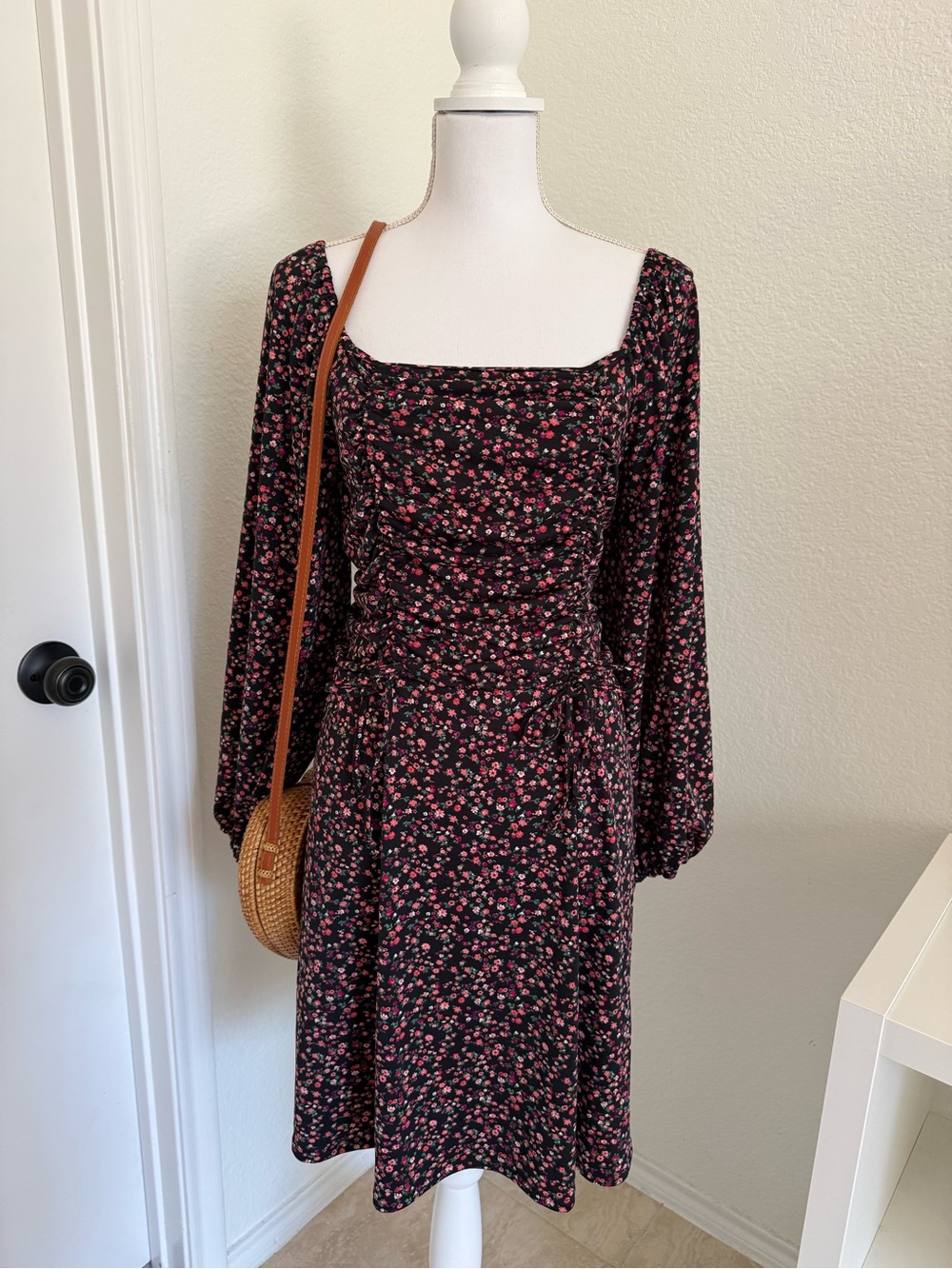 Black Floral Square-Neck Long Sleeve Dress with Smocked & Ruched details